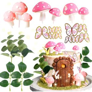 JeVenis Fairy Cake Toppers Fairy Cake Decoration Pink Mushroom Door Butterfly Flowers Cake Decoration Fairy Garden Topper for Fairy Party Supplies Fairy Party Favors