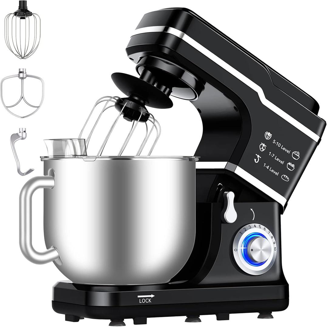 Garvee 7.5 QT Stand Food Mixer, 10-Speed Tilt Head 3 in-1 Kitchen Electric Mixer with Stainless Steel Bowl, Egg Whisk, Dough Hook, Beater, Splash Guard, Compact Dough Mixer for Home Cooks, Black