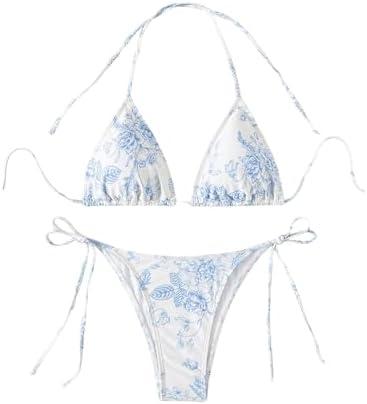 SHENHE Women's 2 Piece Swimsuit Floral Print Halter Tie Side Triangle Bikini Set, S