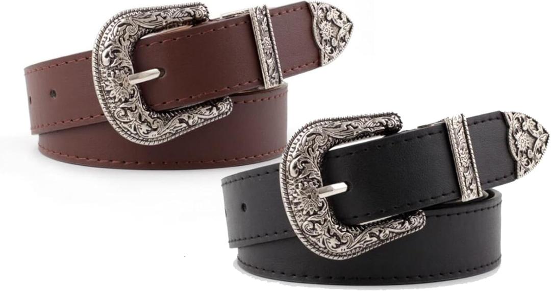 INOGIH Adjustable-Vintage-Western-Cowboy-Belt Women Men - Cowboy-Style Engraved-Buckle Belt for Jeans Pants Dresses (One Size, Black/Coffee)