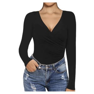 Mangopop Bodysuit Black Long Sleeve Cross Wrap Ruched Women’s Size Large