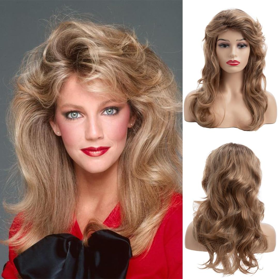 Sallcks Womens 80s Blonde Wig Long Layered Blonde Wigs with Bangs 80s Vintage Cosplay Costume Disco Hair Wig