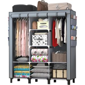 Portable Wardrobe with 10 Storage Racks and 2 Hanging Poles, 6 Side Pockets Non-Woven Cover, Size 130 x 45 x 172 cm, Bedroom Closet Organizer (Gray) (1 Year Ash)