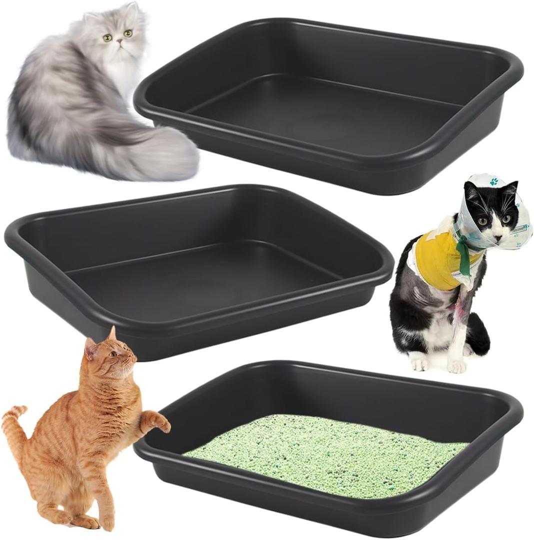 3 Pcs Low Entry Senior Cat Litter Box,Extra Large Size Pet Litter Box Low Entry Open Top Cat Litter Box for Kitten Frail Handicap Disabled Older Elderly Cats and Kitten,Easy to Clean (Dark Gray)