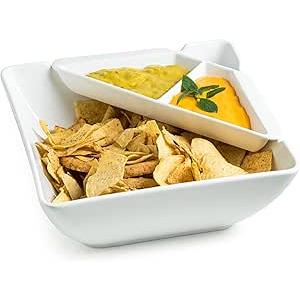 Gomakren Chips and Dip Serving Dish, White Serving Bowl, 2.8 Quart Large Serving Bowl for Entertaining, Square Mixing Bowl Salad Bowl, Porcelain Serving Dish with Dipping Sauce Tray
