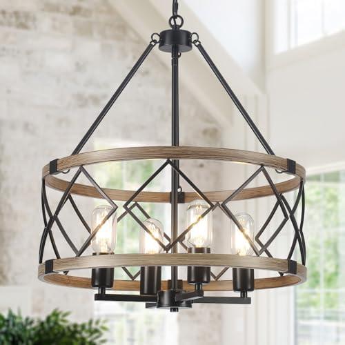 Farmhouse Chandelier for Dining Room 4-Light Rustic Chandeliers Imitation Wood Grain Pendant Light Fixture Modern Industrial Chandelier for Kitchen Island Entryway Foyer Bedroom Hallway，E26 Metal