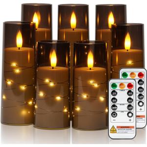 Raycare Flameless Candle with Remote Timer, 7 Flickering Acrylic Battery Operated LED Pillar Candles with Embedded Star String for Christmas, Home Decor, and as a Gift(Grey)