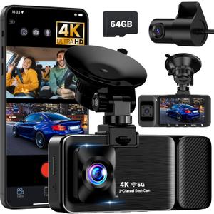 4K Dash Cam Front and Rear Inside, 3 Channel Dash Camera for Cars with 64GB SD Card, 5G WiFi Dash Cam, APP Control, Night Vision, 3" IPS Screen, G-Sensor, Loop Recording, K02 Pro