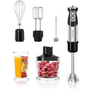 1000W 6-in-1 Immersion Blender Handheld, 12 Speed Hand Blender with 600ml Mixing Beaker, 500ml Chopper, 304 Stainless Steel Blades, Whisk, Milk Frother For Soup, Smoothie, Sauce, Pureel