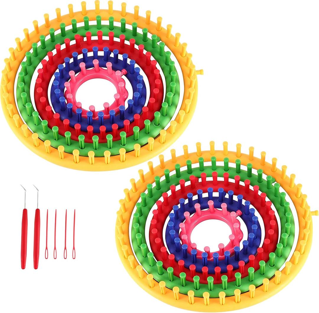 JAPCHET 2 Pack Round Knitting Looms Set, Set of 5 Plastic Knitting Loom Kit with 2 Hook, 4 Needle, Loom Knit Starter Kit for Beginners