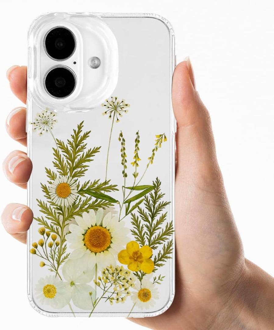 Compatible with iPhone 16 Clear Case Floral, Trendy Cute White Chrysanthemum Flowers Girly Anti-Yellowing TPU Shockproof Aesthetic Protective Phone Case Cover for Women Girls 6.1"