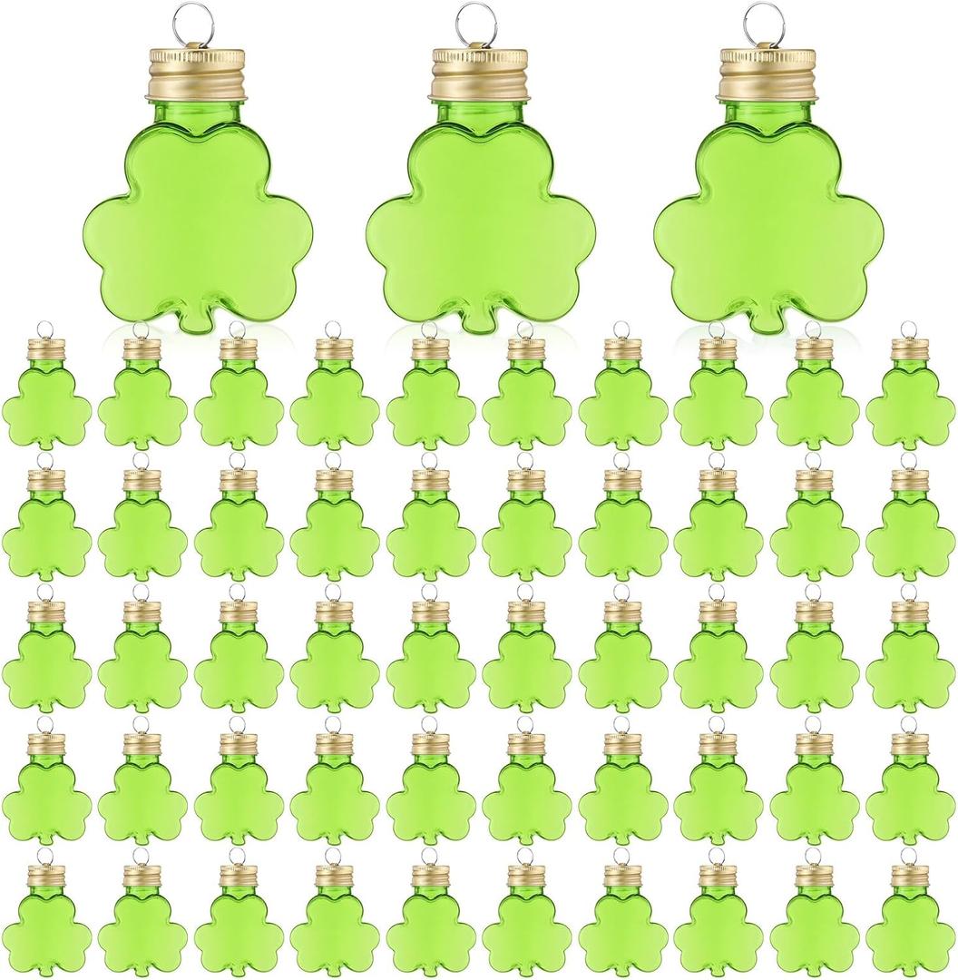 50 Pcs 50 ml Lucky Hanging Clover Bottles Mini Clover Shaped Beverage Bottles Paired with DIY Shamrocks Ornament for Party Favors, Drink Containers, Gift Supplies (Green)