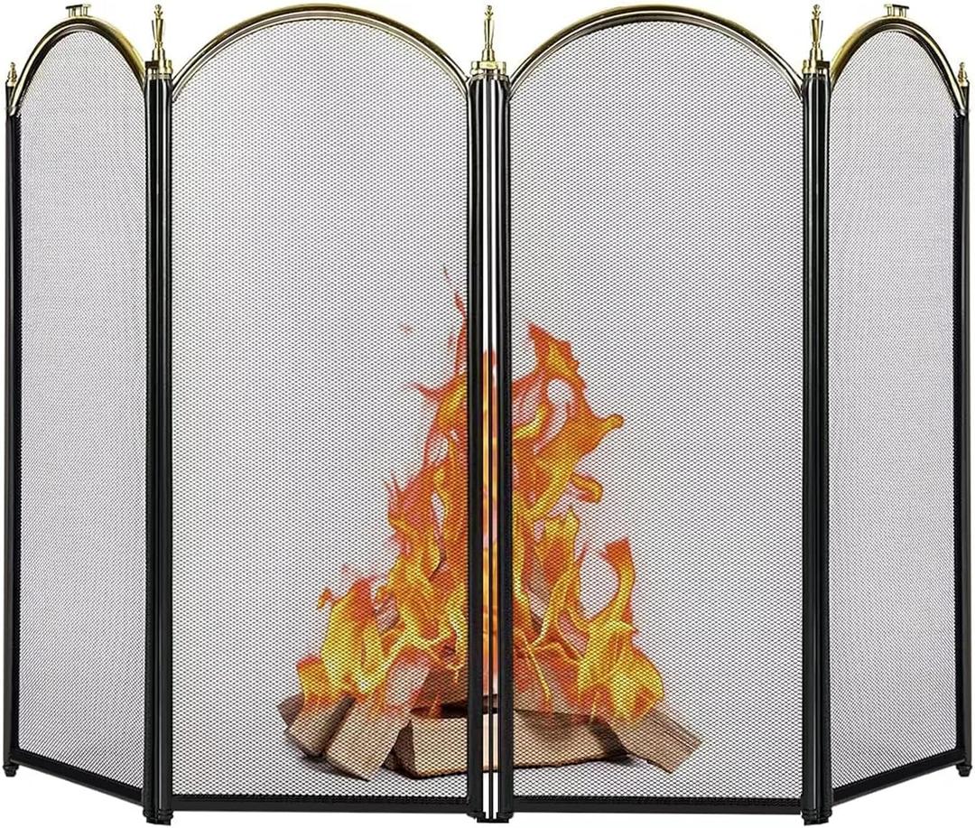AMAGABELI GARDEN & HOME Decorative Gold Fireplace Screen 4 Panel Folding Ornate Wrought Iron Black Metal Fire Place Free Standing Gate Large Mesh Solid Steel Spark Guard Cover Outdoor Accessories