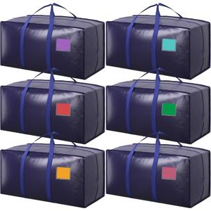 6 Pack Moving Bags Heavy Duty 210GSM with Full-Open Side Zipper, 93L 65lbs Waterproof Foldable Storage Totes for College Dorm Move-In, Moving Boxes Alternative & Home Organization, Blue