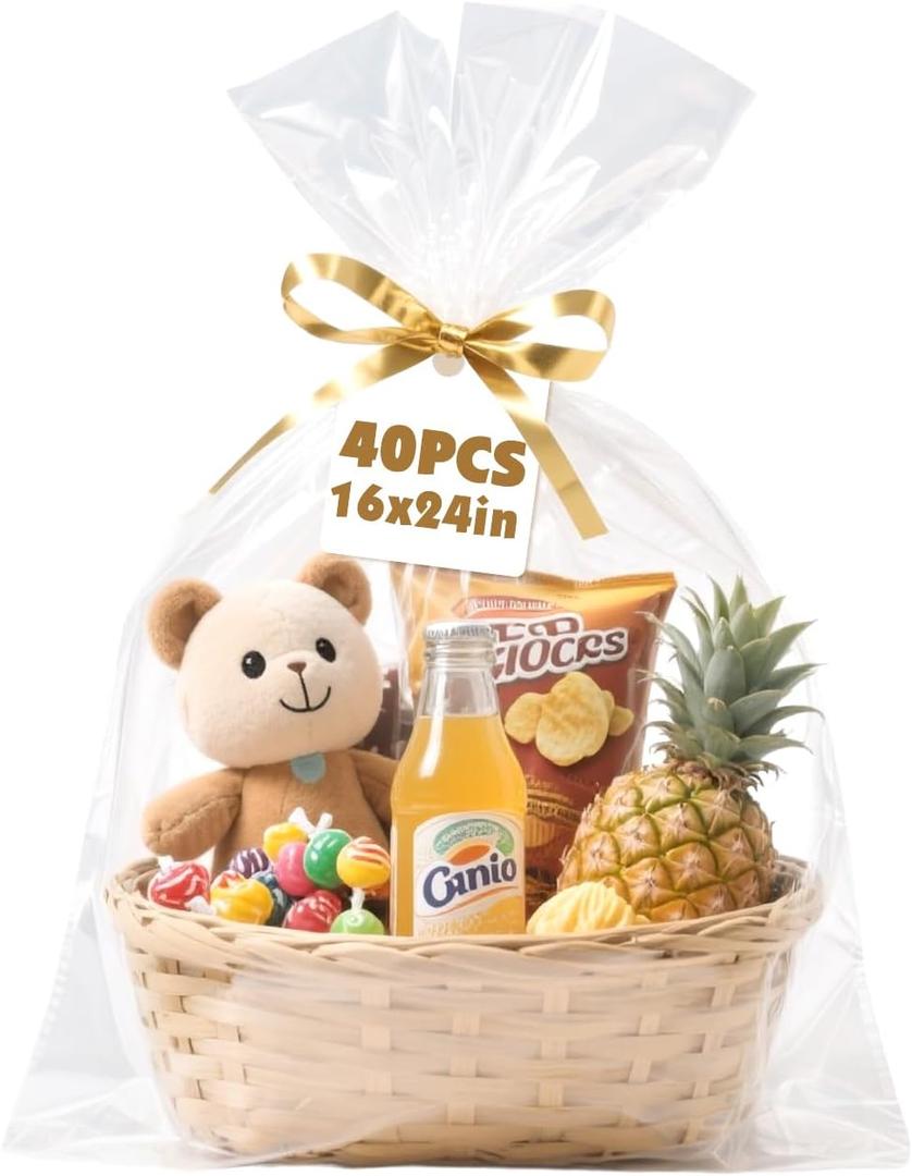 NUITPY 40 Pcs Cellophane Bags, 16 x 24 Inchs Cellophane Wrap for Gift Baskets, Durable Cellophane Gift Bag, Clear Basket Bag - Complimentary 40 Pcs Golden Twist Ties