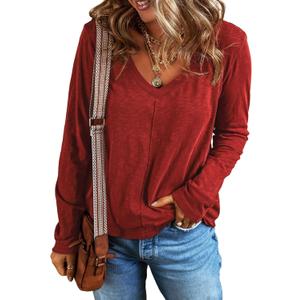 EVALESS Womens Tops Fashion V Neck Long Sleeve Shirts Casual Fall Outfits Basic T Shirts Blouses Top Women's Clothing (Large, 00 Red)