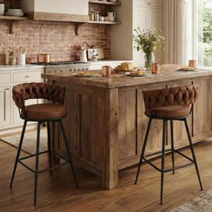 YOUNIKE Bar Stools Set of 2, 28.7 inch Seat Height Bar Chairs, 360 Swivel Counter Height Barstools with Woven Back, Upholstered Suede Fabric Counter Stools for Kitchen Island, Pub (Light Brown)
