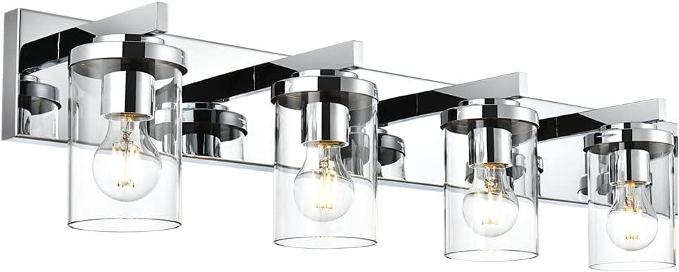 BONLICHT Modern Wall Bathroom Vanity Light Fixture 4 Light Chrome Metal with Clear Glass Shade,Industrial Vintage Farmhouse Wall Mount Lighting Sconce Bath Lighting Over Mirror for Kitchen Hallway (4 Lights-31.1 inch)