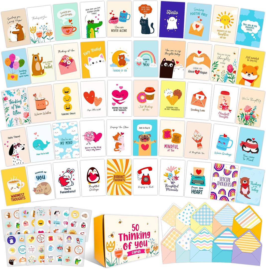 Decorably 50 Pack Bulk 5x7in Thinking of You Cards with Envelopes