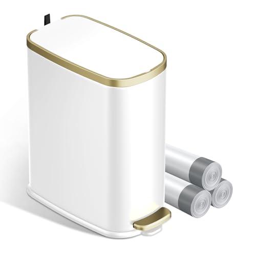 KUK Small Bathroom Trash Can with Lid Soft Close, Step Pedal, 2.6 Gal Stainless Steel Garbage Can with Removable Inner Bucket, Anti-Fingerprint Wastebasket for Office, Bedroom, Toilet (White)