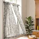 jinchan Small Window Curtains 36 Inch Linen Floral Curtain Set for Kitchen Bathroom Cafe Curtains Light Filtering Window Treatment Farmhouse Cottagecore Back Tab Drapes 2 Panels Grey on Beige