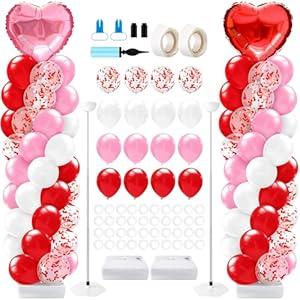 Kasyat 2 Set Valentines Day Balloons Column Stand Kit Red Pink White Arch Garland Kit, Love Heart Foil Balloons for Women Anniversary Wedding Engagement Romantic Proposal Party Decorations