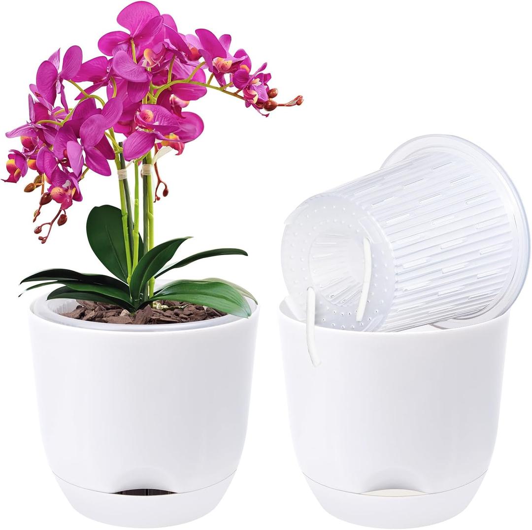 QCQHDU 2 Pack 5.7Inch Orchid Pots with Holes for Repotting, Double-Layer and Self Watering Orchid Pot with Good Air Circulation (White)
