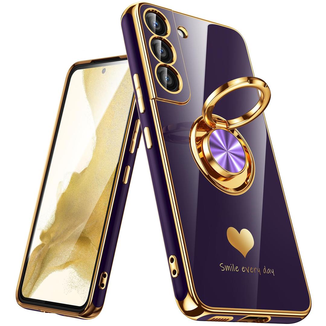 for Samsung Galaxy S22 5G Case, 360° Rotatable Ring Holder [Luxury Hearts Pattern] Plating Gold Edge Slim Soft Phone Cover Case for Galaxy S22 - Purple