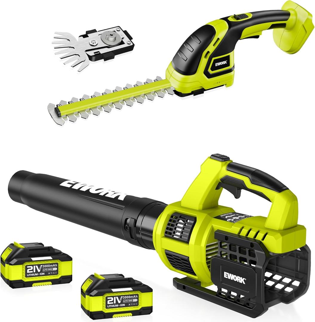 EWORK Cordless Leaf Blower and Hedge Trimmer Combo with 2 x 3.0Ah Batteries, Fast Charger, Electric Leaf Blowers for Lawn Care, 2-in-1 Electric Shrub/Bush Trimmer & Grass Shears (Cordless Leaf Blower & Hedge Trimmer Combo, Green)