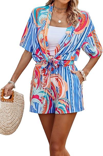 MakeMeChic Women's Boho 2 Piece Outfits Tropical Open Front Kimono Blouse and Shorts Set Multicolor C Small