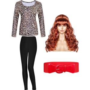 Bonuci 4 Pcs Halloween 80s Costume Married Women Leopard Printed Tops Tights Copper Red Wig Wide Stretchy Belt for Cosplay (Small)