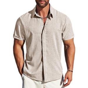 MAPICK Men's Linen Short Sleeve Button Down Shirt – Lightweight Breathable Summer Business Casual, Beach & Wedding Guest (Beige, L)