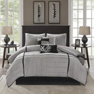 Madison Park Cozy Comforter Set Casual Blocks Design All Season, Matching Bed Skirt, Decorative Pillows, Queen(90"x90"), Dune Suede, Black Grey, 7 Piece (Dune Black/Grey)
