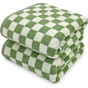 Jacquotha Bath Towels Set of 2 - Luxury Cotton Bathroom Shower Towels Body 55 x 27.5 Absorbent, Quick Dry, 520GSM, Green Checkered Bathroom Decor