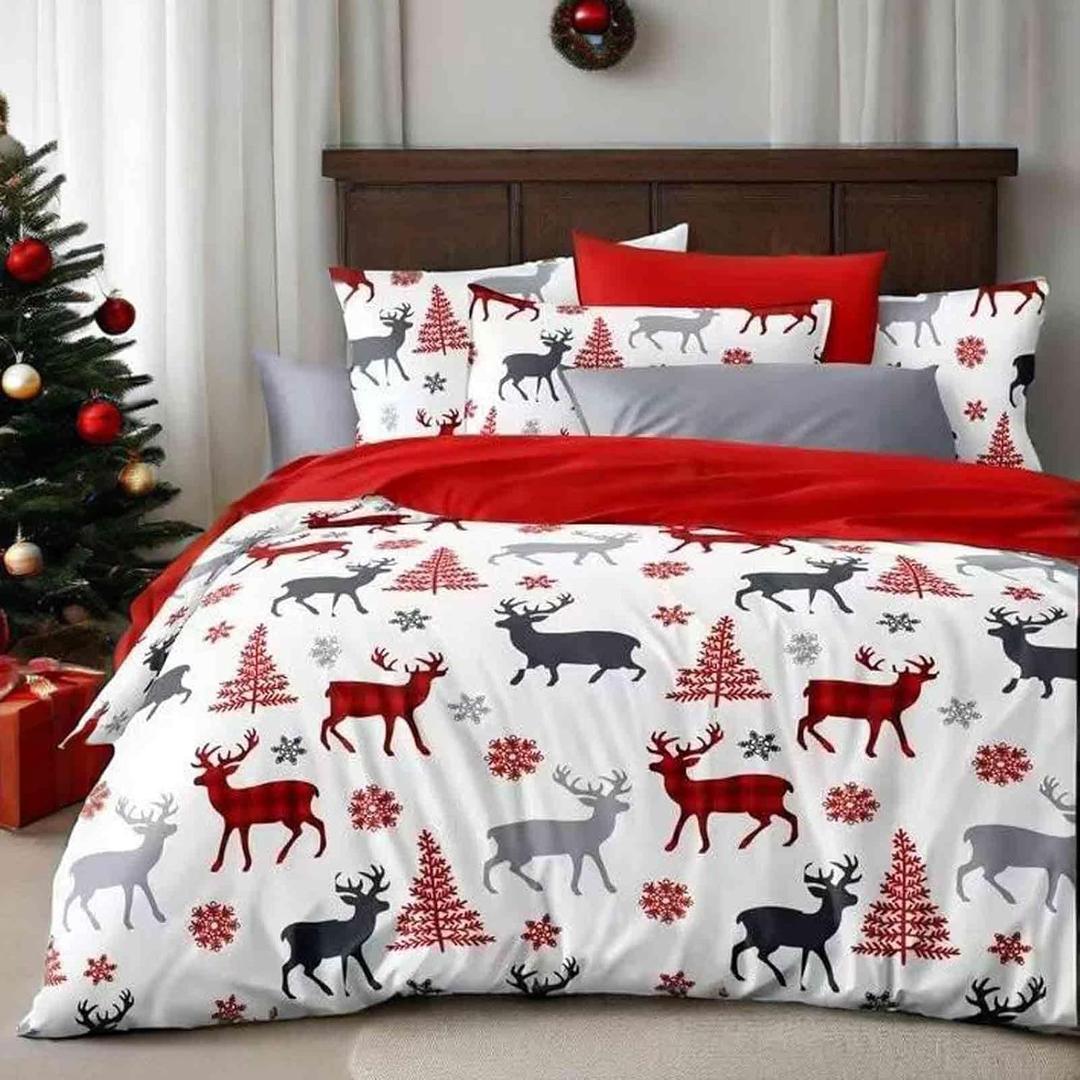 Faincy Duvet Cover Queen Size - White and Red Christmas Tree Elk Deer Snowflake Pattern Printed Reversible Soft Microfiber Comforter Cover - New Year Gifts Modern Bedding Set for Women Men 3 Pcs 90x90