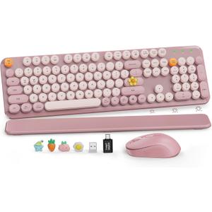 Wireless Keyboard and Mouse Combo, Full-Size Typewriter-Style Keyboard with Round Keycaps, Magnetic Wrist Rest, Tilt Legs, 2.4GHz Cordless for Mac, Windows PC, Laptop, SABLUTE CK23, Dusty Rose