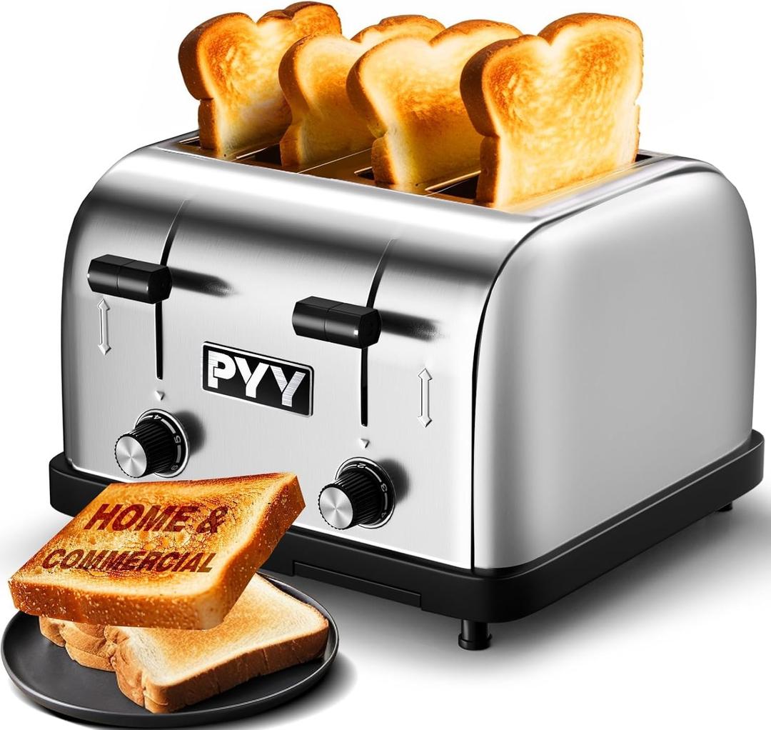 PYY Commercial Toaster 4 Slices - 225 Slices/Hour Stainless Steel Silver Bread Toaster, 1800W with 6 Speed Level, Dual Controls and Removable Crumb Tray, for Family and Commercial