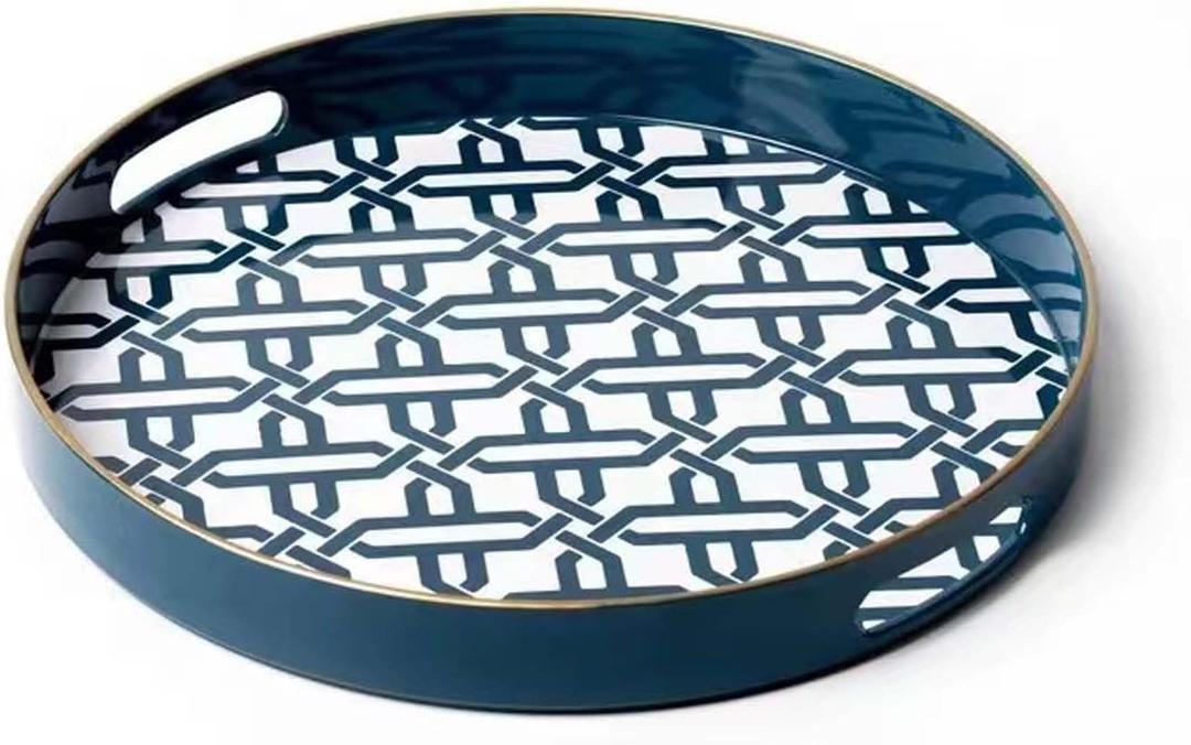 Blue Round Serving Tray with Handles,13" Decorative Ottoman Coffee Table for Perfume,Living Room,Home Decor Blue Round Serving Tray with Handles,13" Decorative Ottoman Coffee Table for Perfume,Living Room,Home Decor