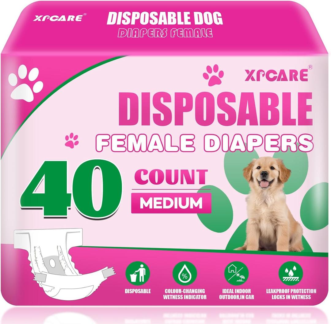 XPCARE 40 Count Disposable Female Dog Diapers, Super Absorbent, Leak Proof, Dog Diapers,Dog Period Diaper Female, for Incontinence, Estrus Female Dogs (Medium)