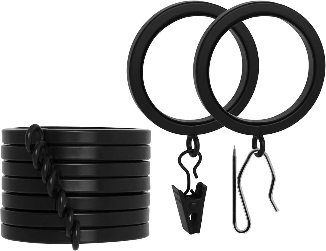 BlastHome Luxury Curtain Rings - Premium Metal with Quiet, Smooth, Removable Nylon Inserts - Pinhooks and Clips Included - 1 1/2" Inside Diameter - 9 Rings for One Standard Curtain - Tuxedo Black