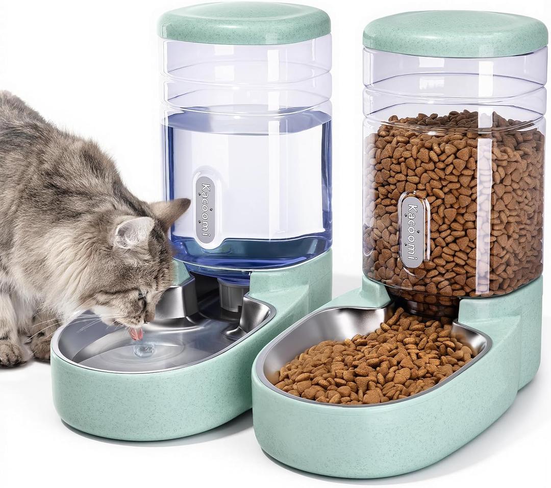 Automatic Cat Feeder and Water Dispenser with Stainless Steel Bowl Gravity Food Feeder and Waterer Set for Small Medium Dog Puppy Kitten 1 Gallon x 2(Green)