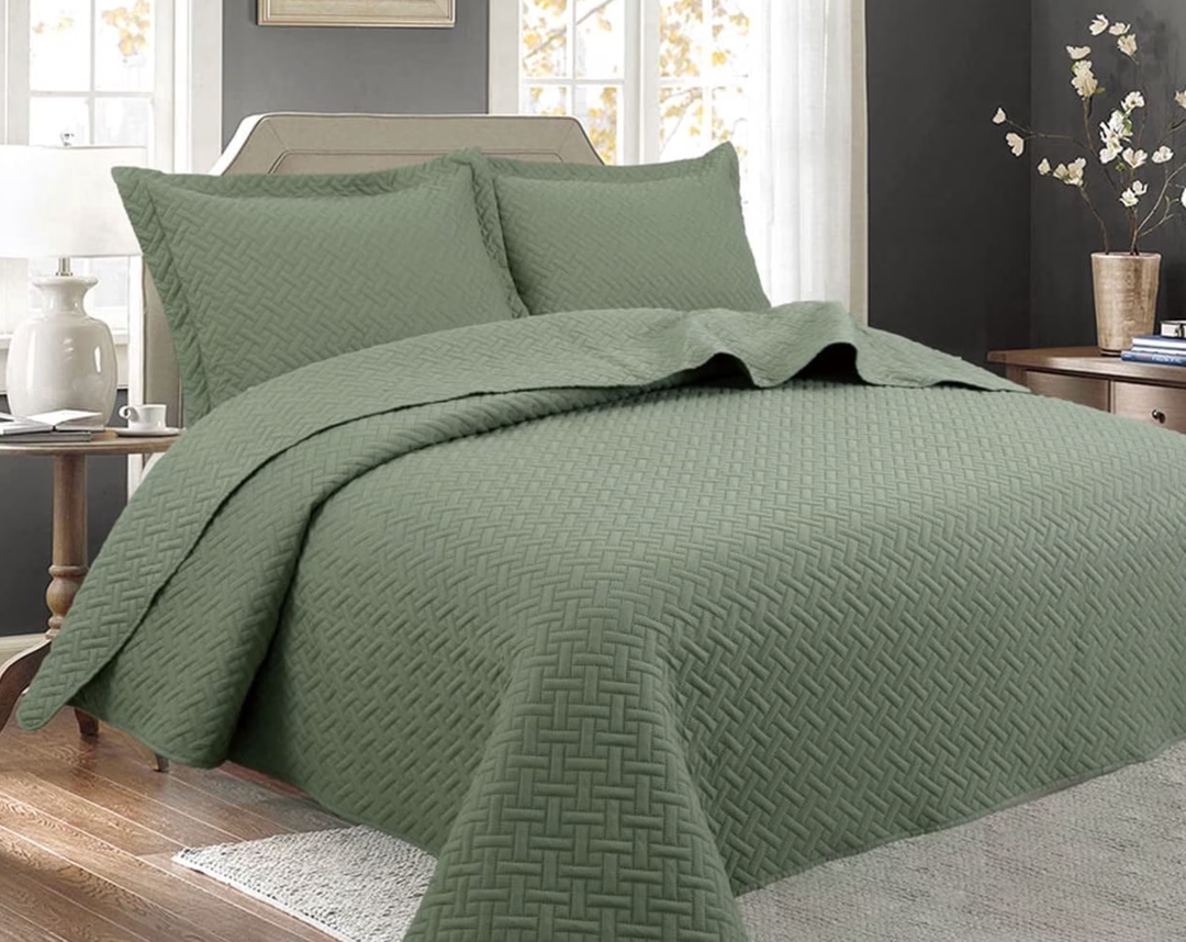 Legacy Decor 3 Pcs Bedspread Quilt Coverlet Stitched Pinsonic Reversible Oversized King / Cal-King Size Sage Color