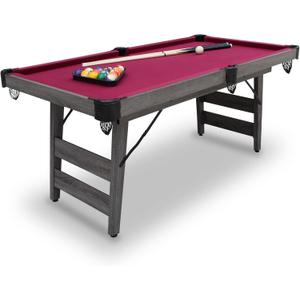 Hathaway Pendleton Portable 6 Foot Pool Table  Space-Saving with Full Set of Billiard Balls, Cues, Chalk and Brush - Foldable Billiard Table with Burgundy Felt, Driftwood Finish