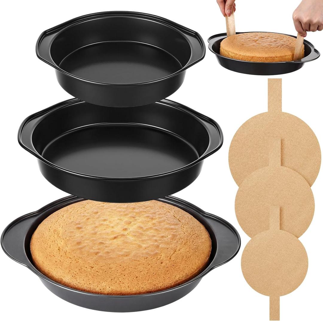 Purpeak 10/8/6 Inches Round Cake Pan with Handle, 3 Set Nonstick Baking Pan with Parchment Paper, Carbon Steel Cake Mold, Dishwasher Safe Bakeware for Baking Layer Cakes Pizza Pie