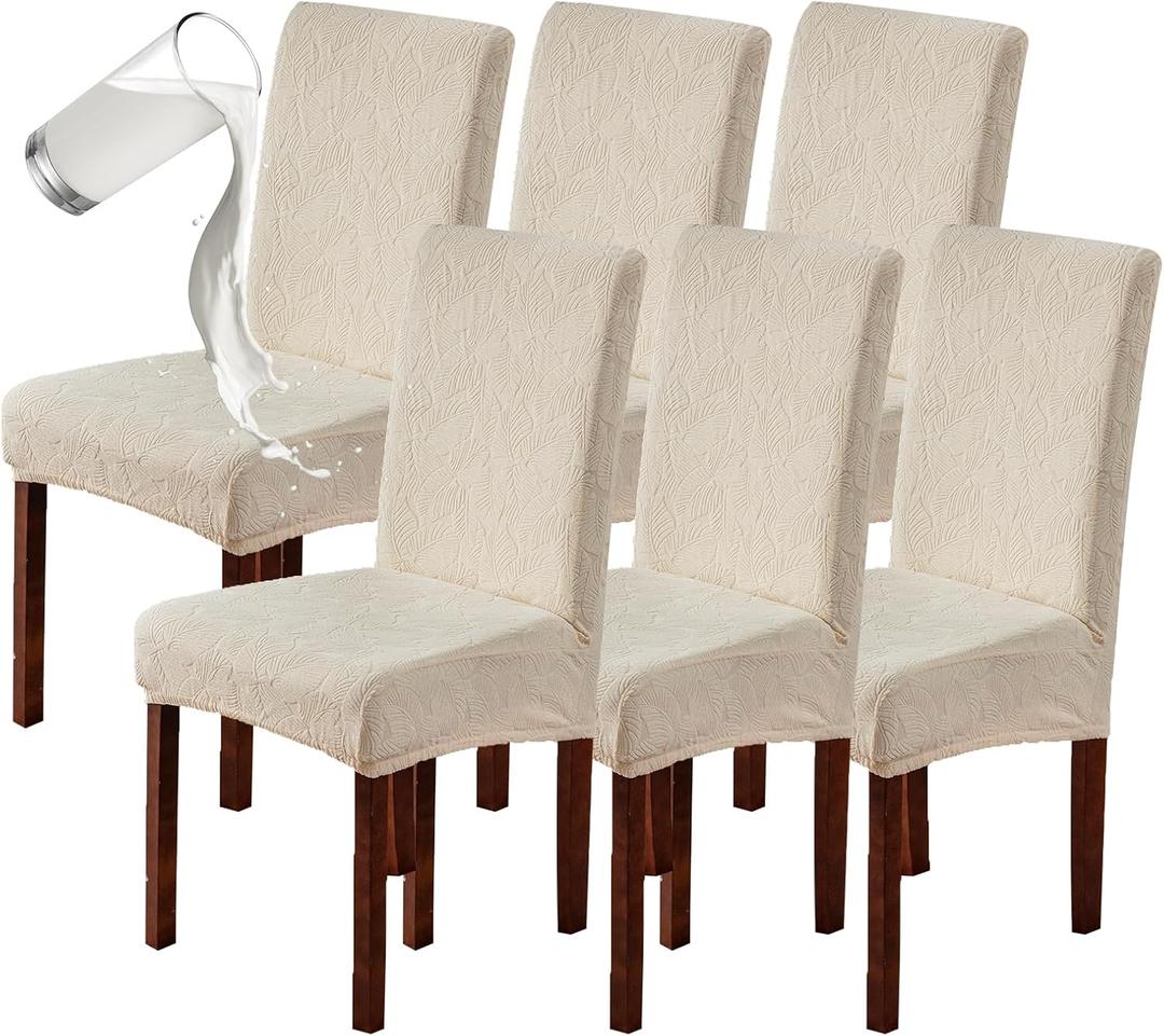 Genina 100% Waterproof Dining Room Chair Covers Set of 6 Stretch Kitchen Chair Covers Parsons Chair Slipcovers for Dining Room Chair Protector Cover, Removable, Washable (Leaf Pattern-Beige) (Regular-6 Pack)