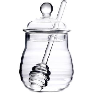 Lawei Glass Honey Jar with Dipper and Lid, 10 OZ Heat-Resistant Bee Hives Honey Pot, Clear Glass Honey Container for Store Honey and Syrup, Home and Kitchen, Easy to Clean, Dishwasher Safe