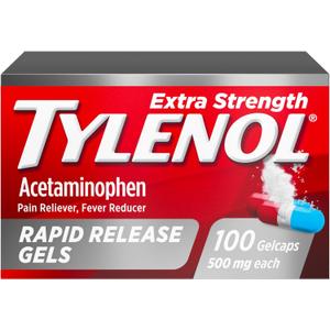 Tylenol Extra Strength Acetaminophen Rapid Release Gels, Extra Strength Pain Reliever & Fever Reducer, Gelcaps with Laser-Drilled Holes, 500 mg Acetaminophen, 100 ct (100 Count (Pack of 1))