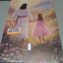 ZSHARTSWD Christian Wall Art Jesus Walking with Little Girl Pictures God Flower Field Canvas Print Religious Faith Painting for Church Kids Room Decor Framed (Beige, 24L x 16W)
