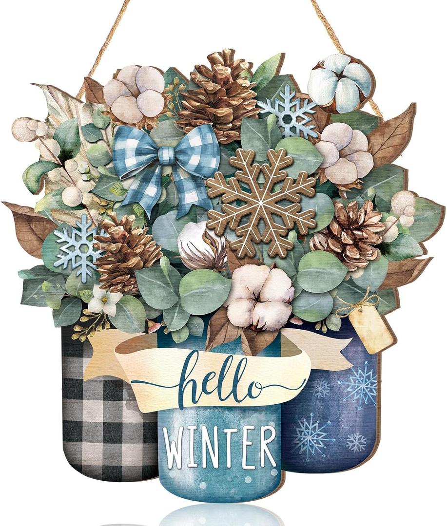 Boao Welcome Winter Door Decoration Hello Winter Wooden Sign Wall Snowflake Hanger Plaque for Christmas Outdoor Indoor Farmhouse Porch Decor