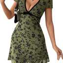 SHENHE Women's Y2k Floral Print Deep V Neck Short Sleeve Fit and Flare Vintage Mini Dress (Large, Green)